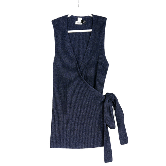 Anne Klein Cardigan Sweater Vest Duster Womens M Blue Wrap Around Tie Wool Silk - Picture 1 of 9